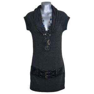Bella D. Womens Gray Cowl Neck Mini Dress w/ Built-in Belt and Necklace M